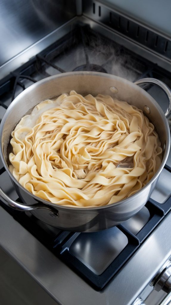 egg noodles boiling in a pot of salted water, noodles softening and steam rising