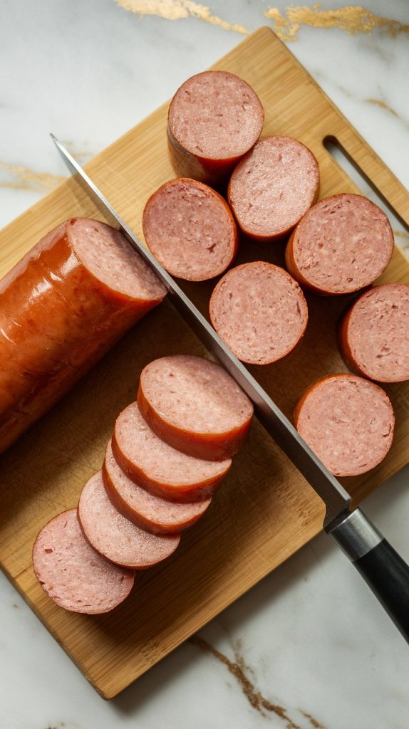 smoked kielbasa being sliced into ½-inch rounds on a wooden cutting board
