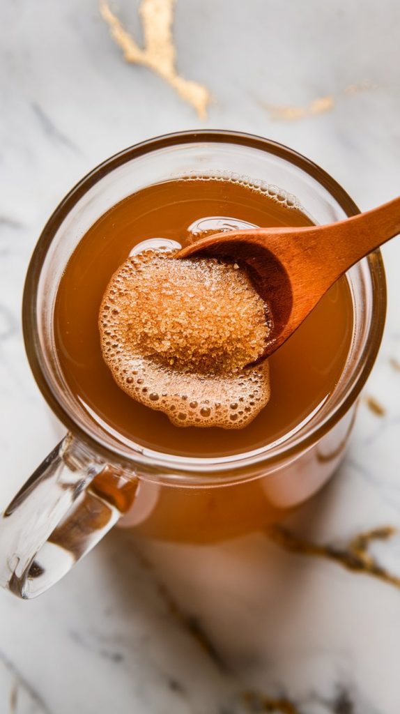 brown sugar being stirred into hot golden cider in a glass pitcher, sugar partially dissolving