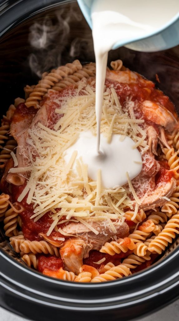 heavy cream swirling into the red soup, with shredded mozzarella and Parmesan beginning to melt into the surface