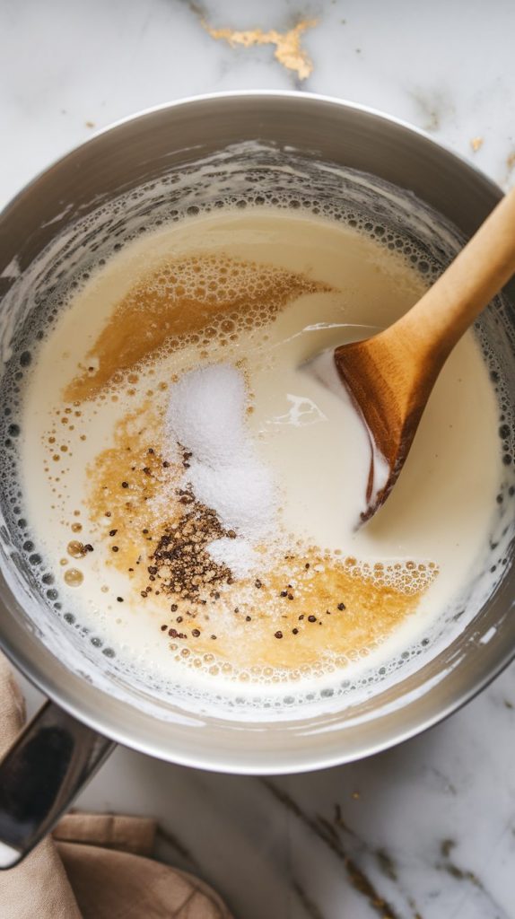 a mixing bowl filled with creamy coconut milk mixture, showing soft melted butter swirled into the thick white coconut milk, with visible grains of sugar, flecks of salt and black pepper floating on top