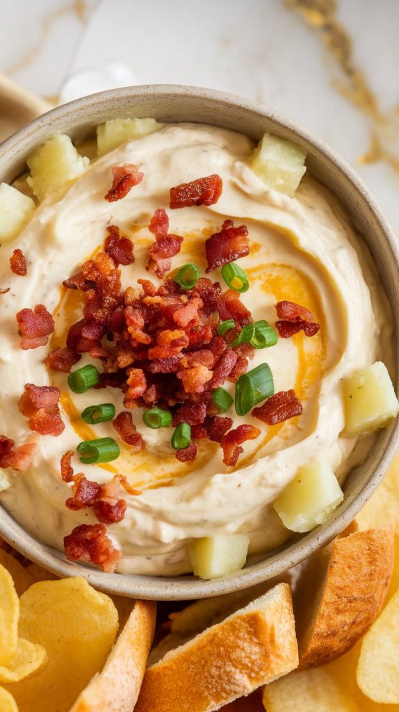 a ceramic bowl filled with warm loaded baked potato dip, showing a smooth, slightly runny off-white base with a faint yellow tint