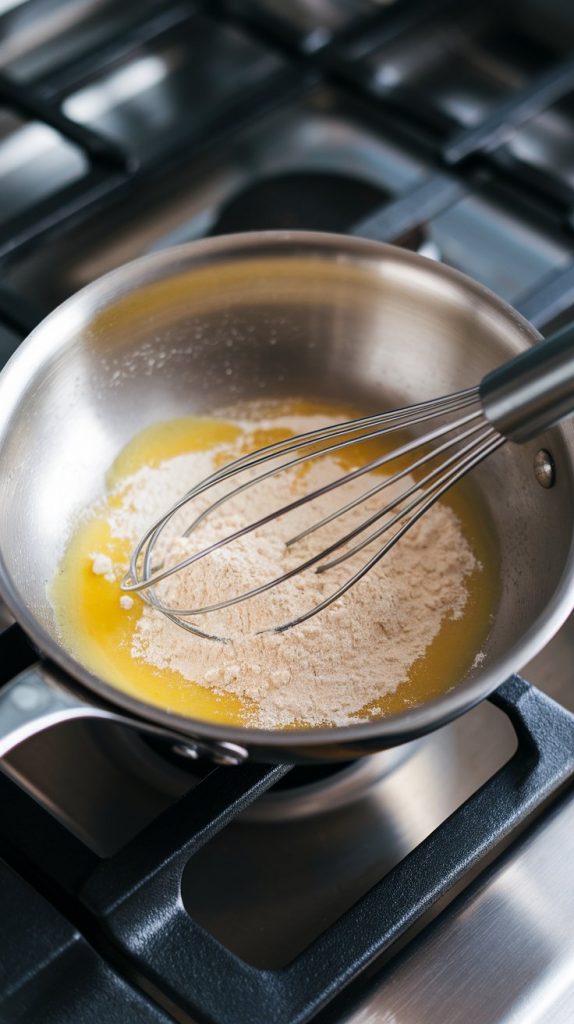 melted butter and flour being whisked together in a saucepan, forming a smooth golden roux