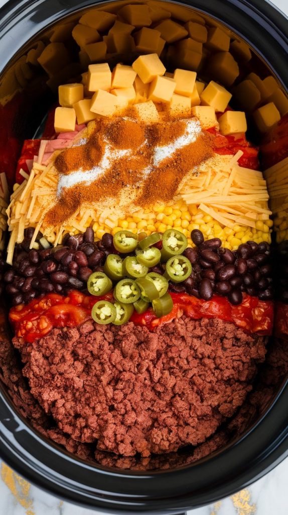 all queso dip ingredients layered in a crockpot: browned and crumbled ground beef and spicy sausage, cubed Velveeta cheese, shredded pepper jack cheese, canned Rotel with juices, rinsed black beans, drained corn, diced pickled jalapeños