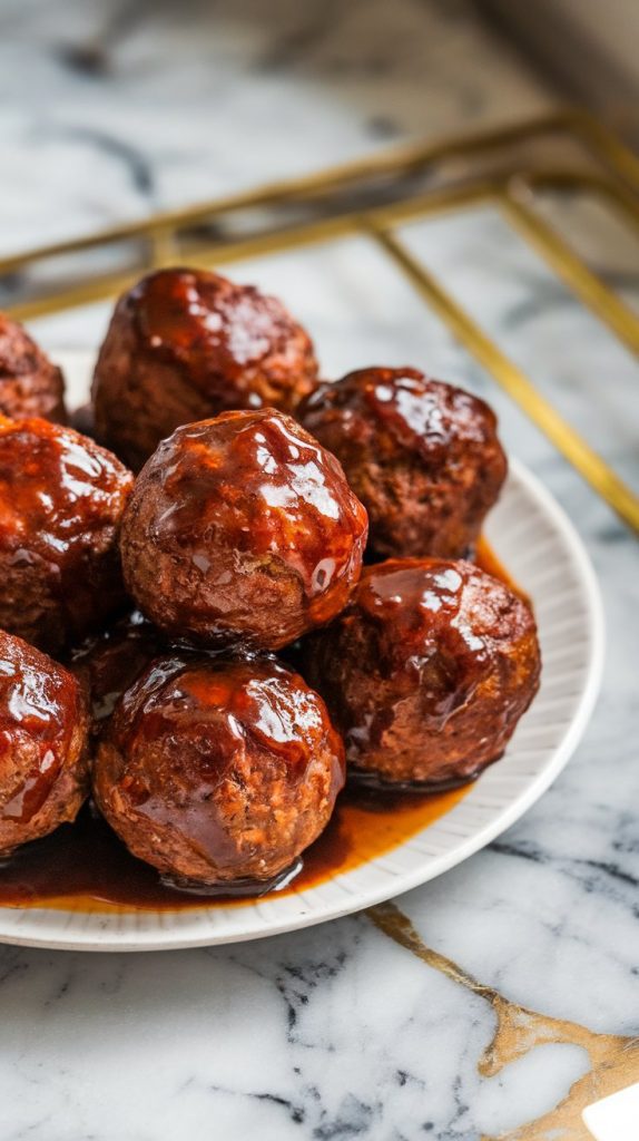 several raspberry balsamic glazed meatballs casually arranged on a clean white ceramic plate