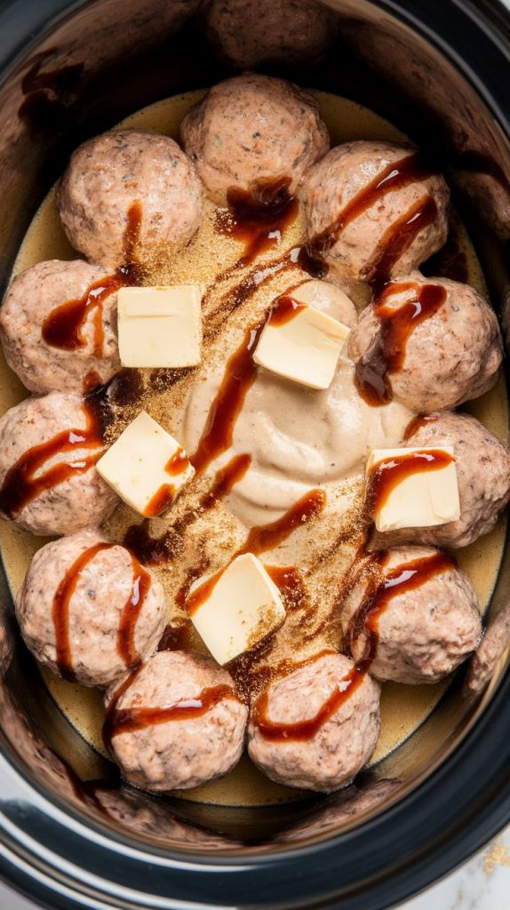frozen homestyle meatballs (round and slightly frosted) arranged in a slow cooker, with cream of mushroom soup (thick and creamy, pale beige) dolloped in the center
