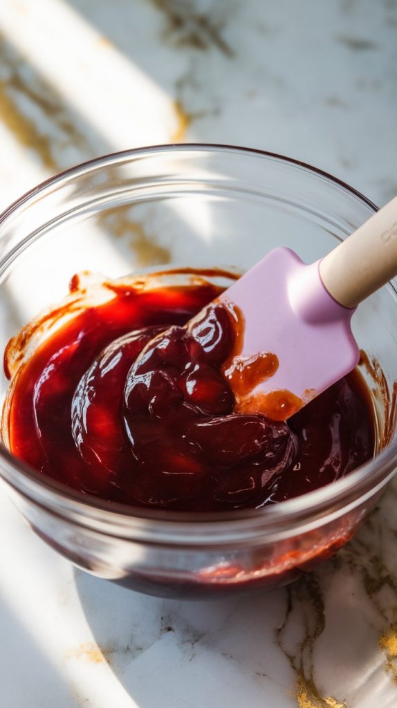 grape jelly and BBQ sauce being stirred together in a clear glass bowl with a silicone spatula until smooth and glossy
