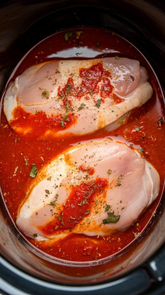 raw boneless chicken breasts submerged in marinara and broth, with visible herbs and spices just stirred in