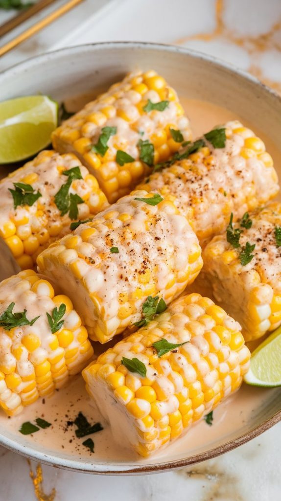 creamy corn on the cob in a white bowl, topped with chopped parsley and drizzled with coconut sauce, lime wedges on the side