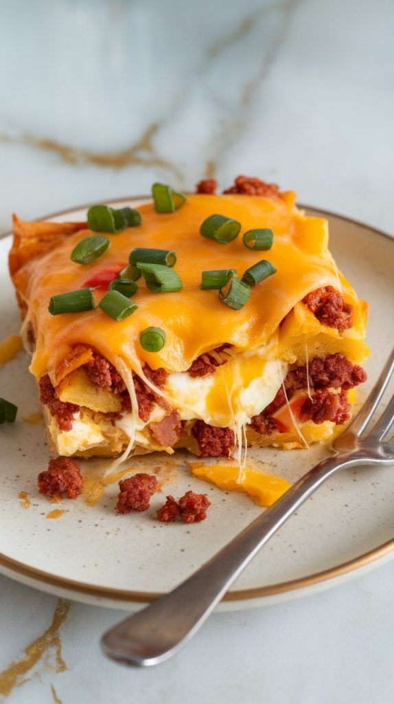 a slice of homemade chorizo breakfast casserole served on a plain white ceramic plate