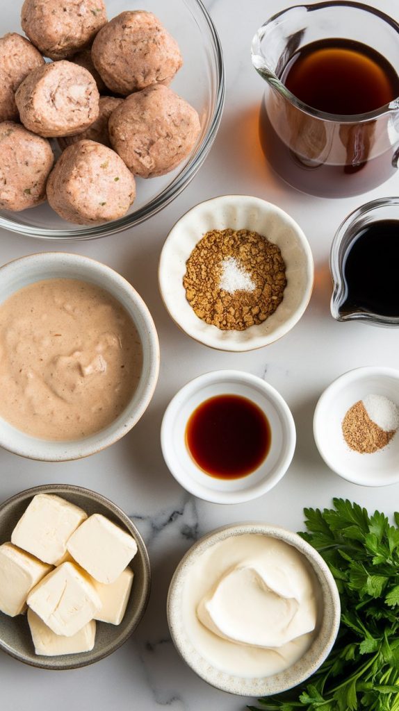 all ingredients for Crockpot Meatball Stroganoff on a white marble counter with hints of gold