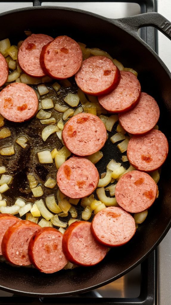 sliced kielbasa browned and slightly crisped with diced onions soft and golden, sizzling in melted butter