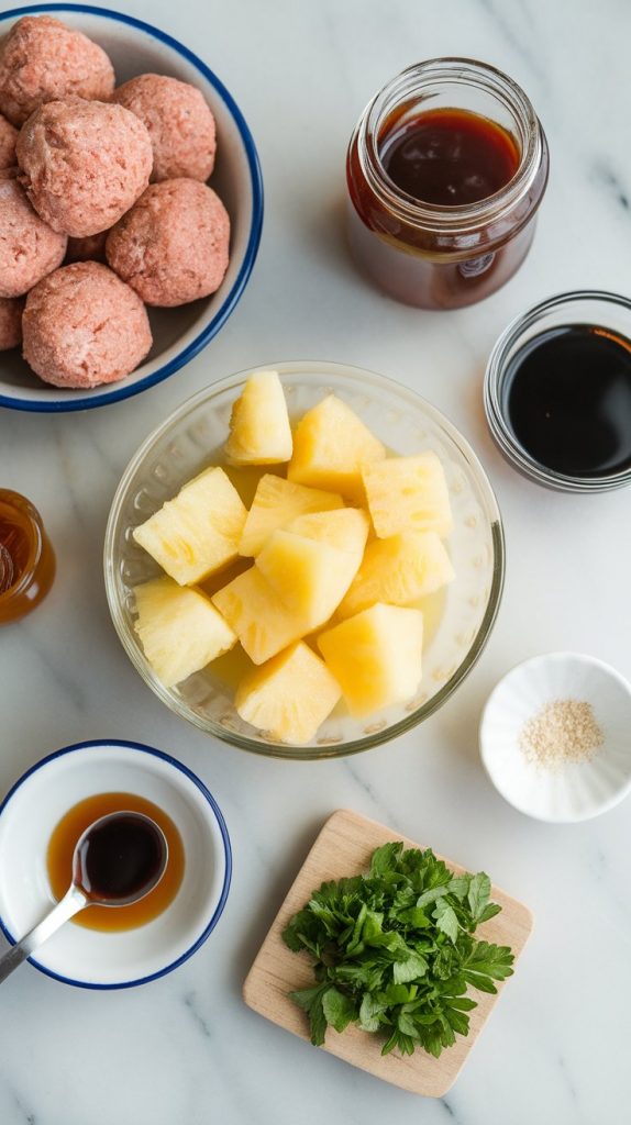 ingredients on white marble counters with hints of gold: a sealed bag of frozen fully-cooked meatballs, an opened can of pineapple chunks with visible juice, a bottle of BBQ sauce with cap off, a small bowl of soy sauce