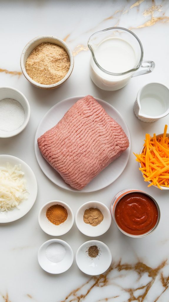 a white marble counter with hints of gold, showing 1 lb raw ground turkey, 1/2 cup breadcrumbs, 1/4 cup milk in a small glass bowl, 1 large cracked egg in a ramekin, 1/2 cup shredded cheddar cheese, 1/4 cup finely diced onion, and small prep bowls with garlic powder