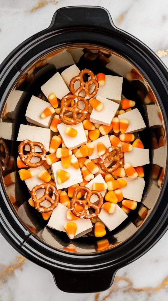 broken mini pretzels and candy corn scattered over chunky white almond bark inside the crockpot insert
