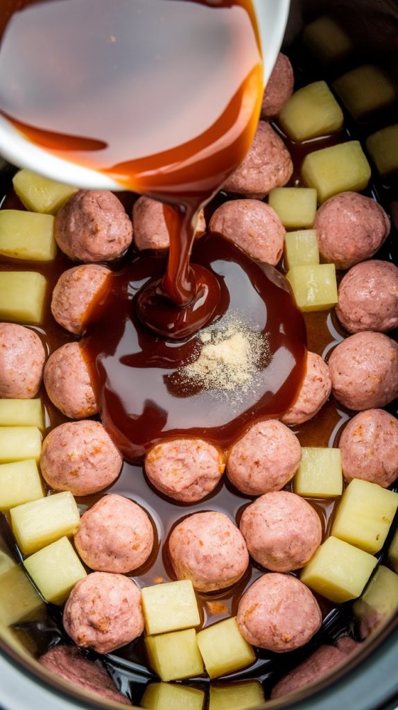 thick BBQ sauce being poured over meatballs and pineapple in a slow cooker, with soy sauce, honey, and garlic powder sprinkled in