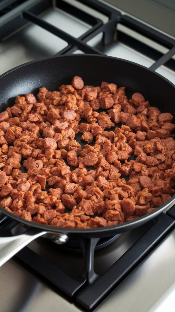 browned crumbled sausage in a nonstick skillet, sizzling and golden brown
