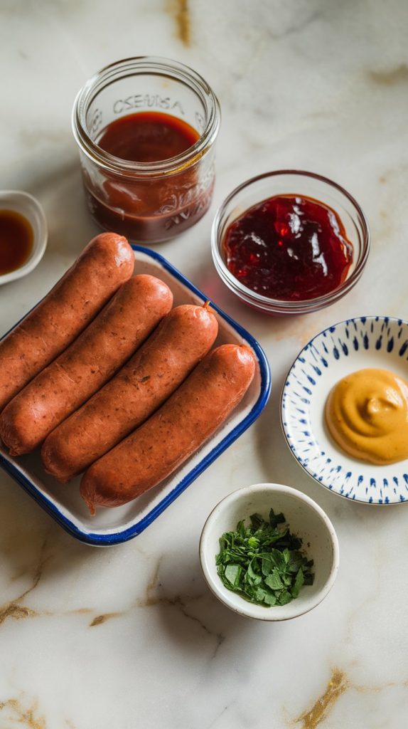 kielbasa rounds, BBQ sauce in a glass bowl, grape jelly in a glass bowl, Dijon mustard on a spoon, hot sauce bottle, fresh chopped parsley in a tiny prep bowl
