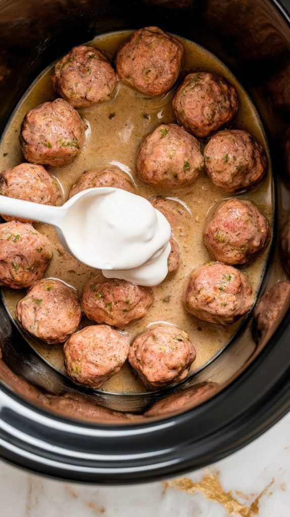 a big spoonful of sour cream being stirred into the creamy meatball mixture