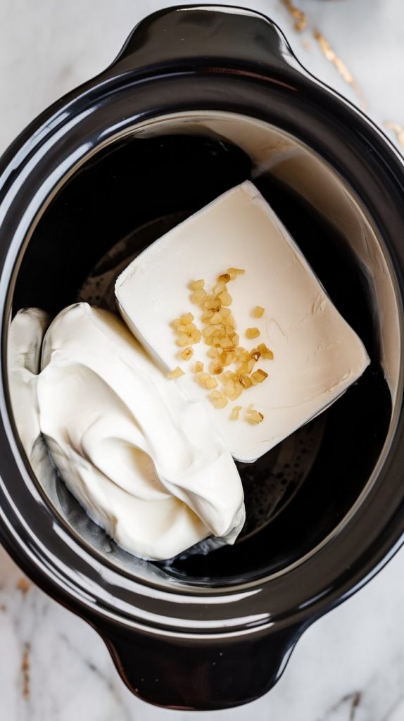 a crockpot filled with chunks of softened cream cheese, a creamy dollop of sour cream, and finely minced garlic scattered on top