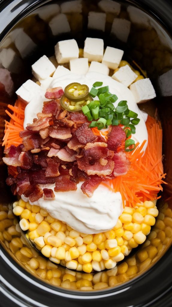 crisp crumbled bacon, freshly diced jalapeños, and chopped green onions being added to the creamy mixture in the crockpot