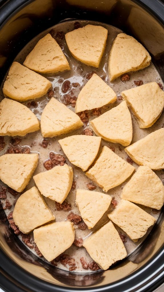 raw biscuit pieces layered over sausage gravy in the crockpot