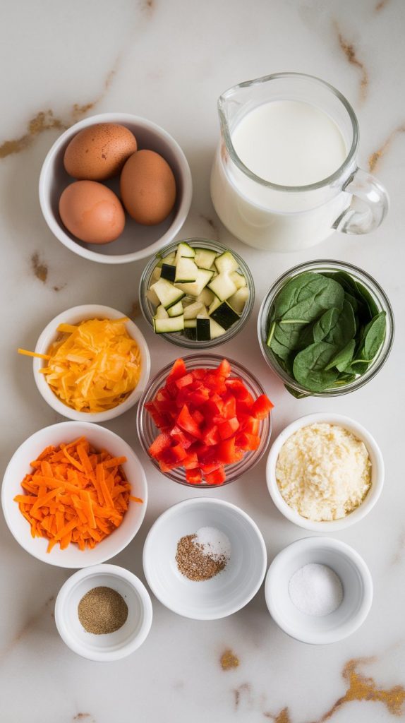 all crockpot veggie frittata ingredients: 10 cracked eggs in a bowl, 1/2 cup milk in a glass, 1 cup shredded cheddar, 1/2 cup grated parmesan, diced zucchini, diced red bell pepper, chopped spinach, chopped onion, small bowls of garlic powder, salt, and pepper