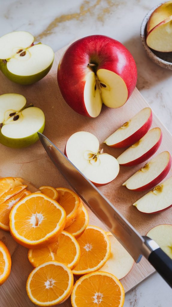 red sweet apples and green tart apples, all with peel on, cored and sliced into 8 wedges each