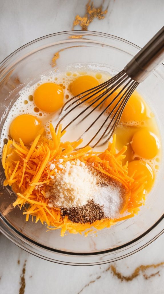 a glass mixing bowl with 10 cracked eggs and 1/2 cup milk, partially whisked so some yolks are still visible