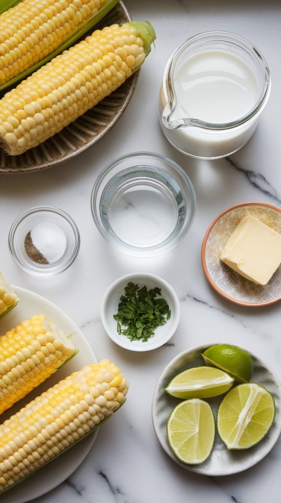 fresh corn, an opened can of full-fat coconut milk, a small glass bowl with water, a pat of butter on a dish, a teaspoon of sugar, a small dish of salt, a pinch bowl of black pepper, chopped parsley in a ramekin, and lime wedges on the side