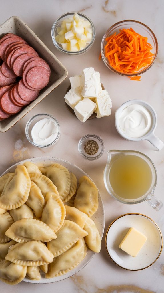 all ingredients: two packs of frozen potato & cheese pierogis, sliced kielbasa in rounds, diced yellow onion, shredded cheddar cheese in a glass bowl, cubed cream cheese on a small plate, sour cream in a white ramekin