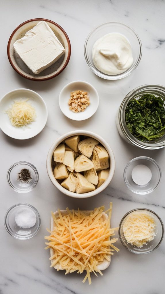 ingredients on a white marble counter with hints of gold: a bowl of thawed and squeezed-dry frozen chopped spinach, a small bowl of chopped canned artichoke hearts, a brick of softened cream cheese, a bowl of sour cream