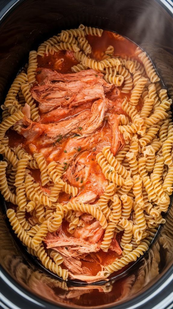dry rotini pasta just added into the thick red soup with shredded chicken, floating before being stirred