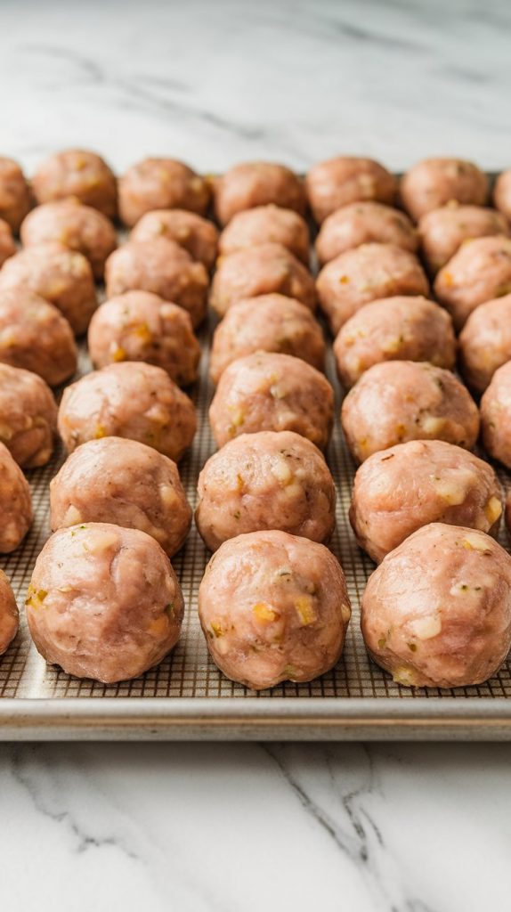 evenly sized raw turkey meatballs lined on a baking sheet