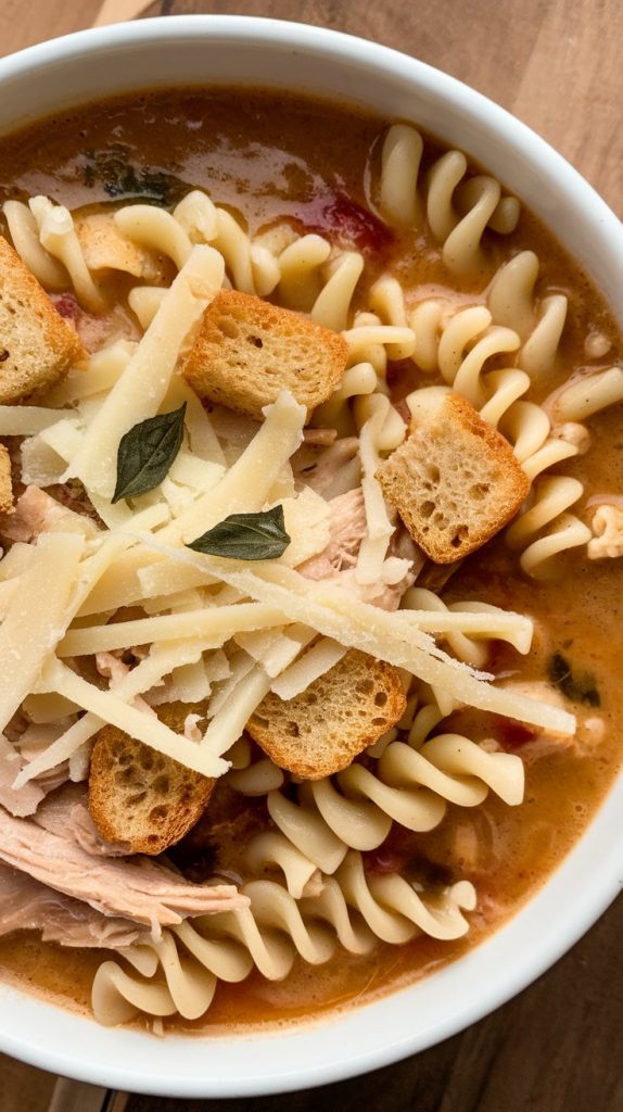 finished Chicken Parmesan Soup in a white bowl, topped with golden croutons, melted cheese strands, and fresh basil