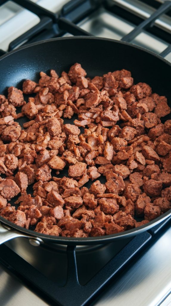 raw breakfast sausage being browned and broken into small crumbles in a nonstick skillet
