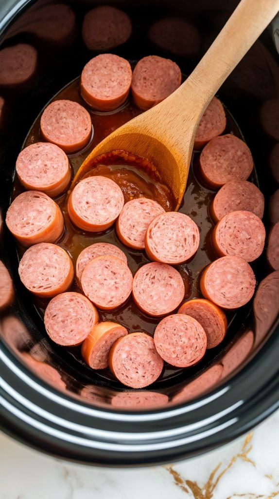 sliced kielbasa rounds in a slow cooker, sauce being poured over and stirred with a wooden spoon
