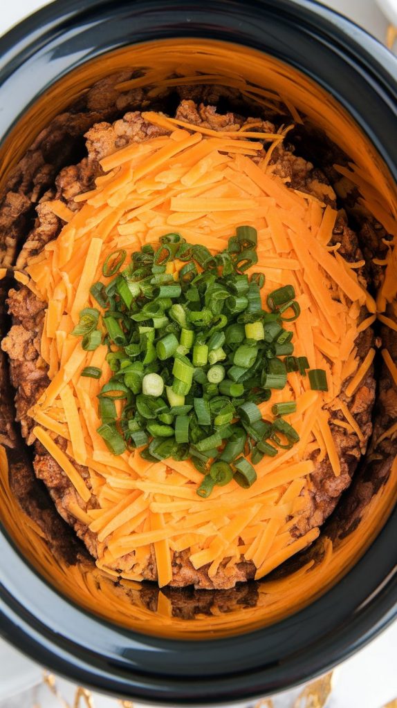 the final layer being added to the crockpot: shredded cheddar cheese and chopped green onions on top of browned sausage and golden tater tots