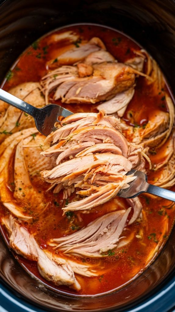 two forks shredding cooked chicken inside the crockpot, with tender strands of meat falling apart into the tomato broth