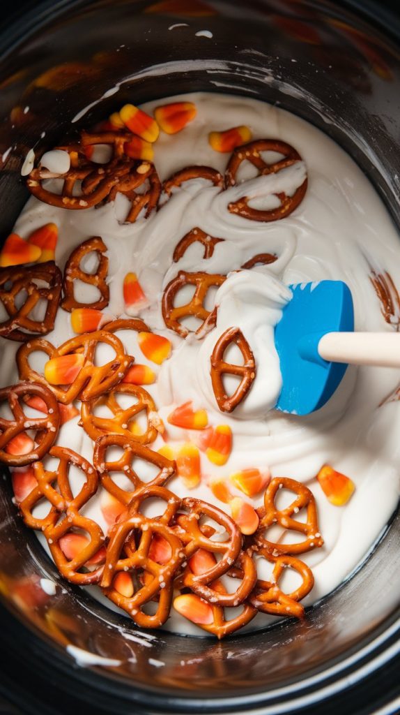 melted white bark being stirred with a rubber spatula, mini pretzels and candy corn coated in thick white candy