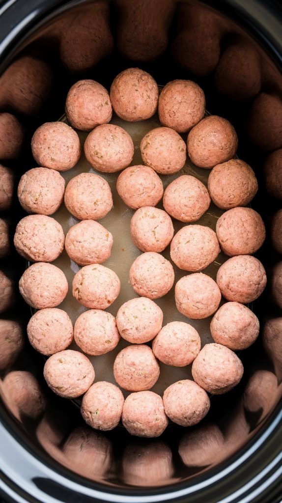 frozen fully-cooked meatballs sitting in an even layer at the bottom of a black slow cooker insert