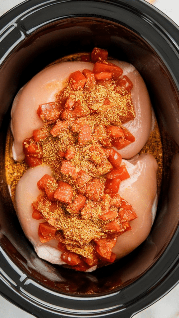 raw chicken breasts in a slow cooker with Rotel (diced tomatoes with green chiles) poured over them and taco seasoning sprinkled across the top