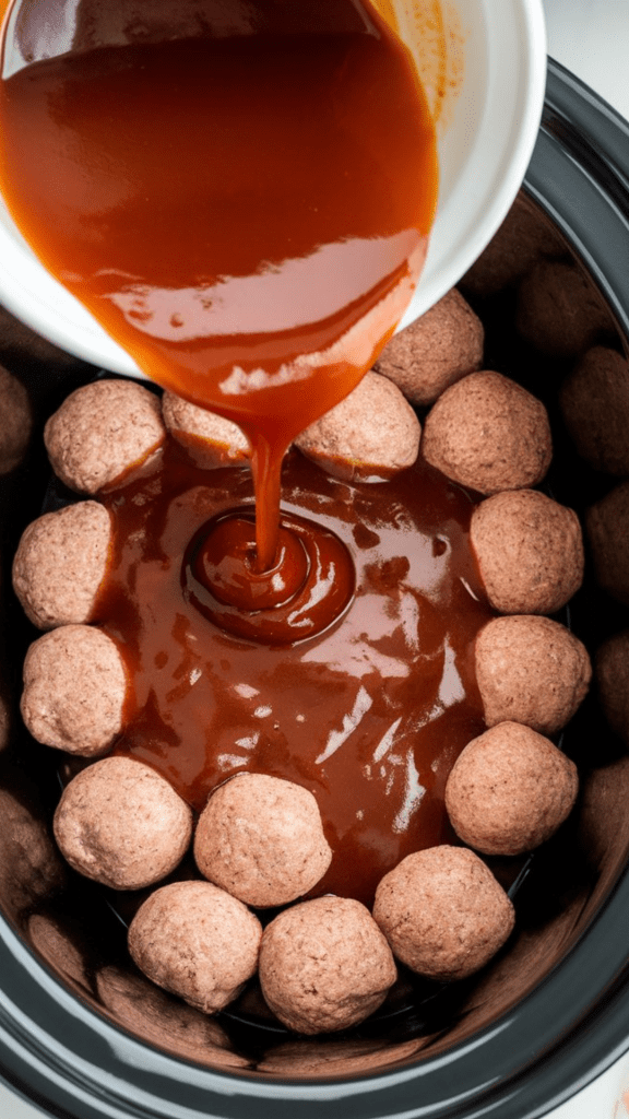 the thick apple butter bourbon sauce being poured slowly over a mound of frozen meatballs inside the slow cooker