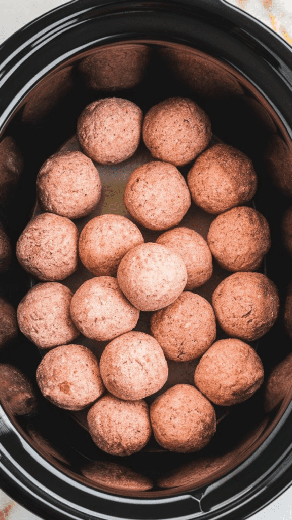 frozen homestyle meatballs freshly poured into the base of a slow cooker