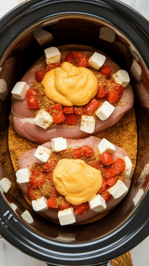 cubed cream cheese and a scoop of queso dip placed on top of the chicken and Rotel mixture in the slow cooker