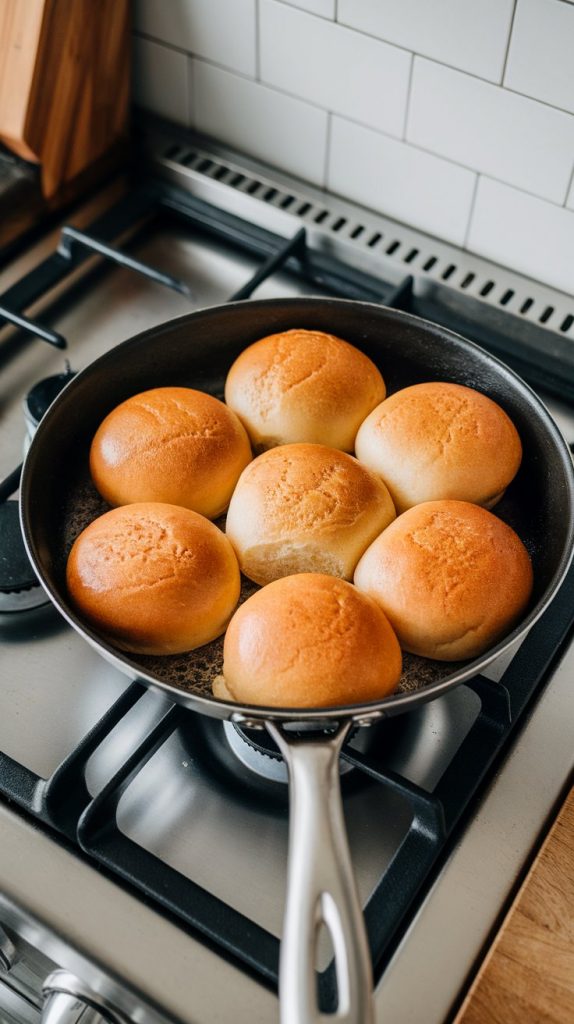round hamburger buns, sliced and face-down in a skillet, buttered cut sides sizzling and turning golden brown, edges crisping up