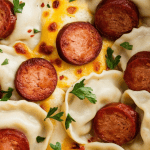 crockpot pierogi casserole served in a white ceramic baking dish