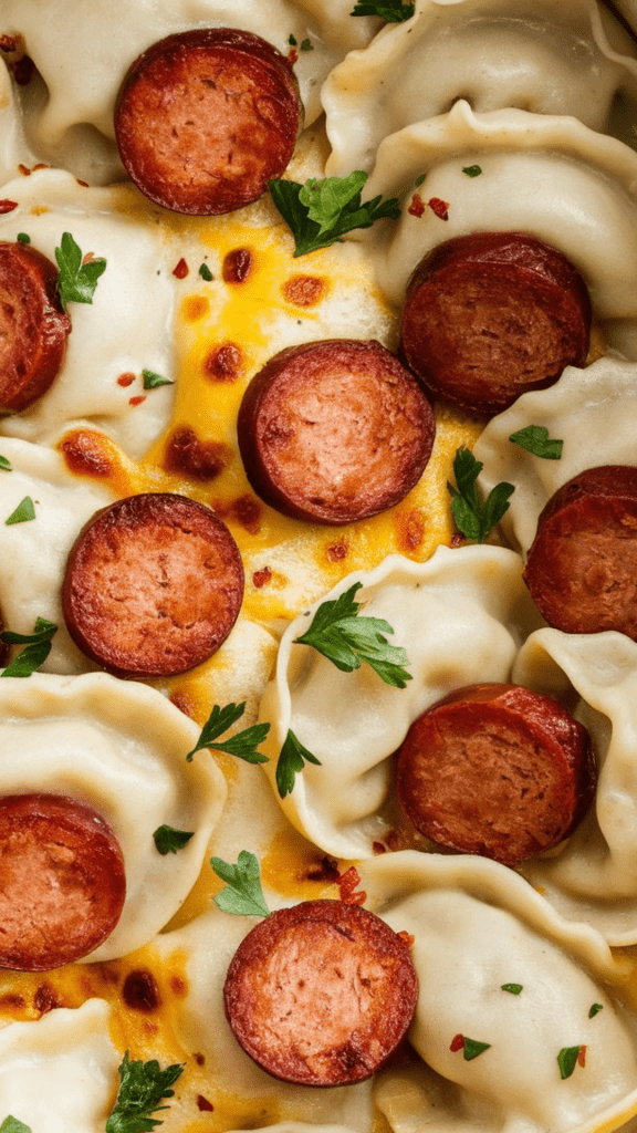 crockpot pierogi casserole served in a white ceramic baking dish