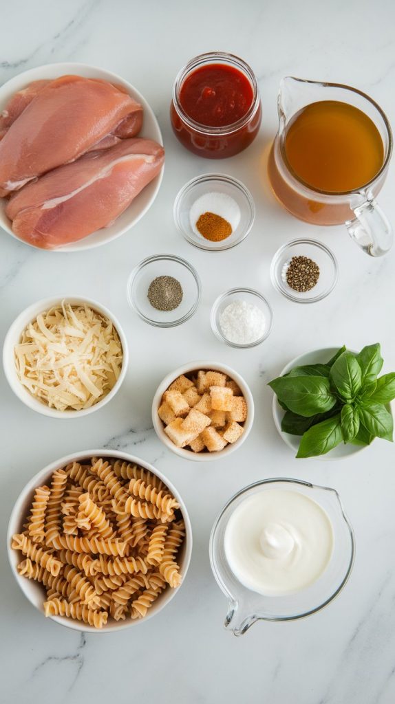 all ingredients laid out: raw boneless skinless chicken breasts, a jar of marinara sauce, a carton of chicken broth, spice bowls with garlic powder, onion powder, Italian seasoning, salt, black pepper, and crushed red pepper flakes