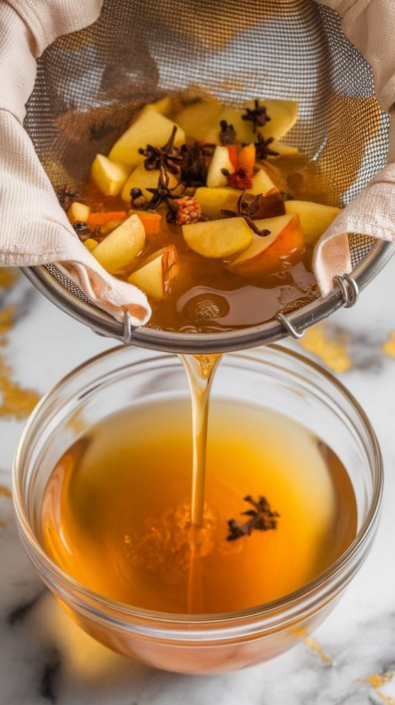 golden apple cider being poured through a mesh strainer lined with cheesecloth, mashed fruit and spices caught in the cloth, clear cider dripping into a large glass bowl